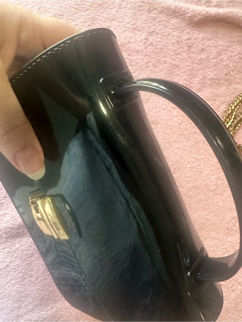 Black Patent Leather Top-Handle Shoulder Bag with Gold Hardware